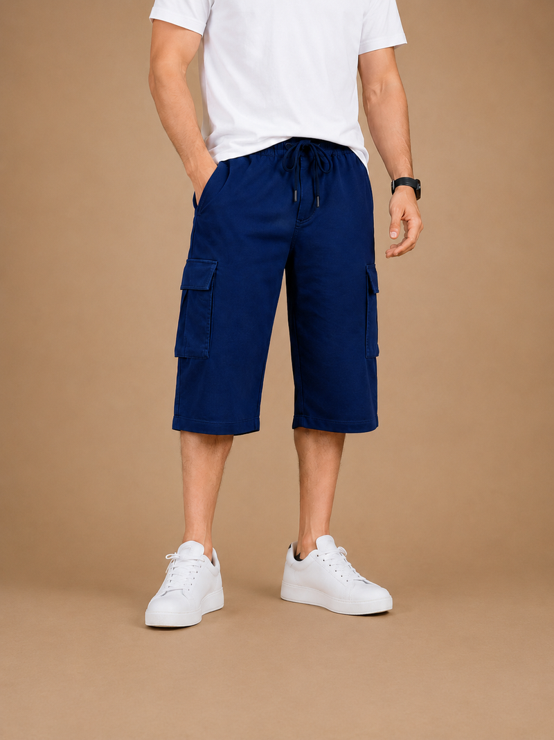 Men's Navy Blue Summer Three Quarter Cargo Shorts – Soft Cotton Casual Capri with Side Pockets hs2