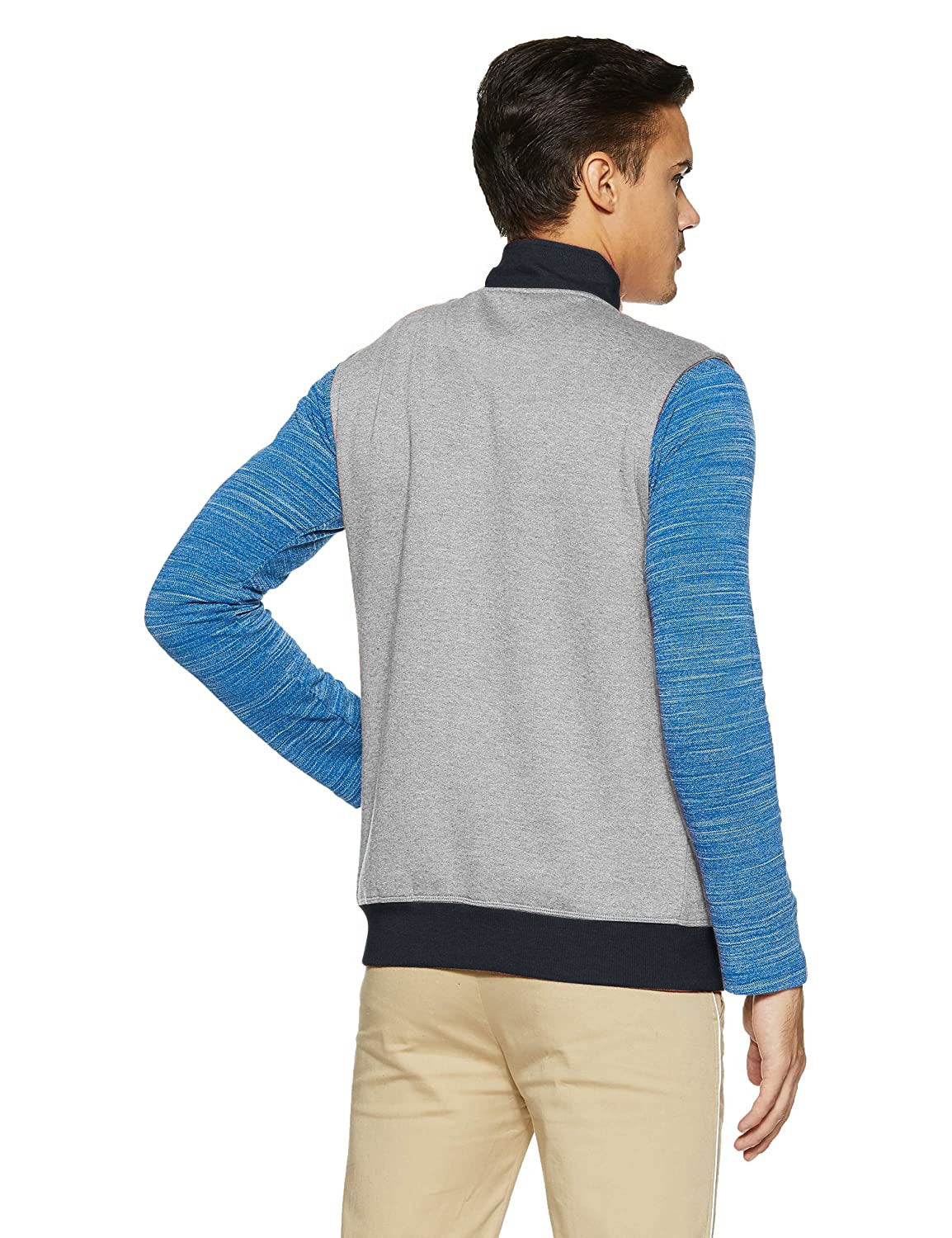 P&B Sleeveless Mock Neck Zipper Jacket For Men-Grey Melange & Navy-BR1790