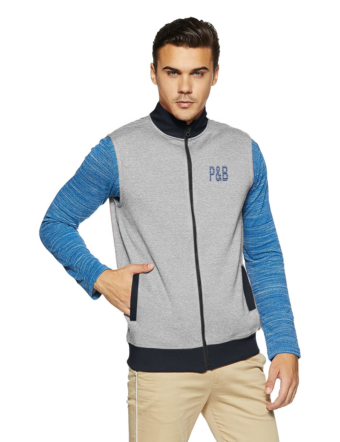 P&B Sleeveless Mock Neck Zipper Jacket For Men-Grey Melange & Navy-BR1790