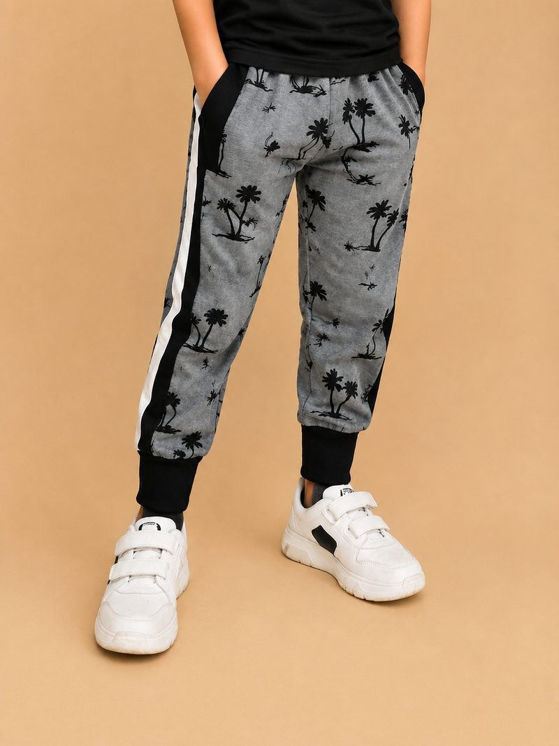 Kids Printed Jogger Pants with Side Stripe – Grey & Black na18