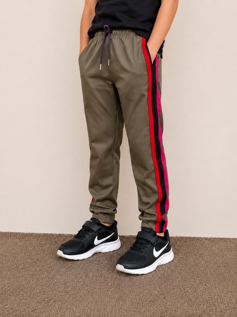 Premium Kids Lycra Trousers Olive Green with Royal Blue ,Red,pink,Side panal Stripe p6