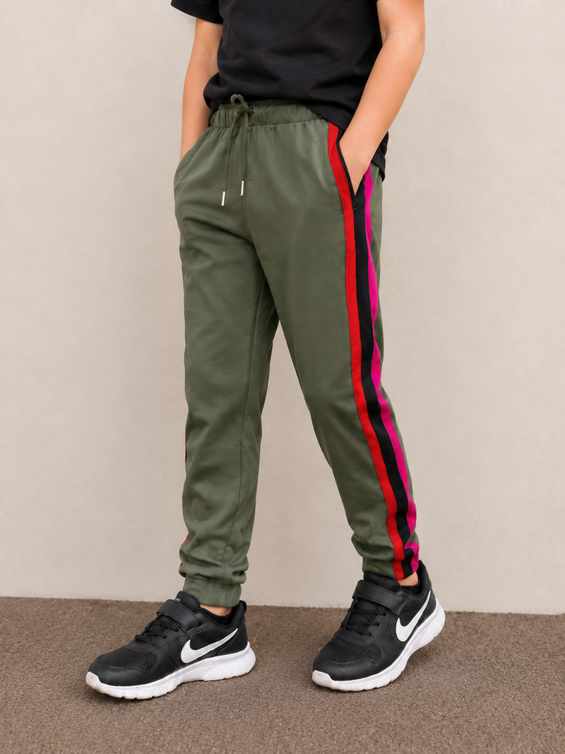 Premium Kids single jersey Trouser olive green dark with ,Side Stripe p22