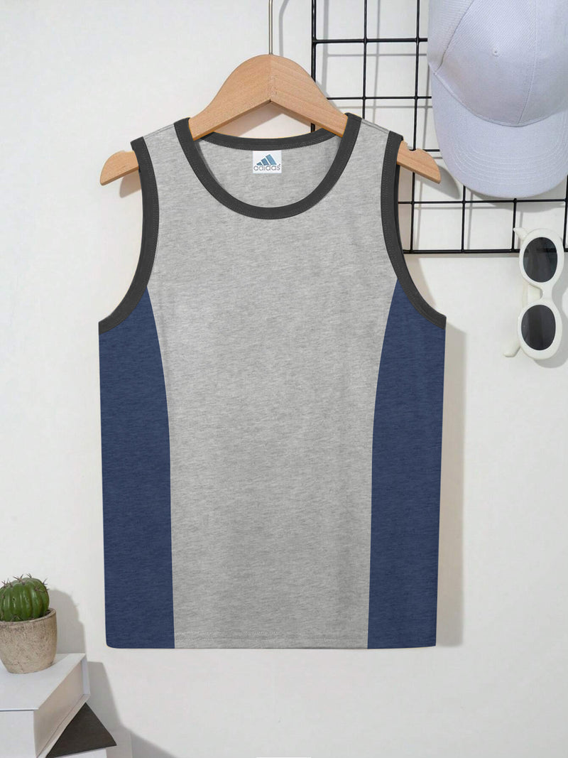 ADS Single Jersey Sleeveless T Shirt For Kids-Grey Melange & Navy Panels-BR14972