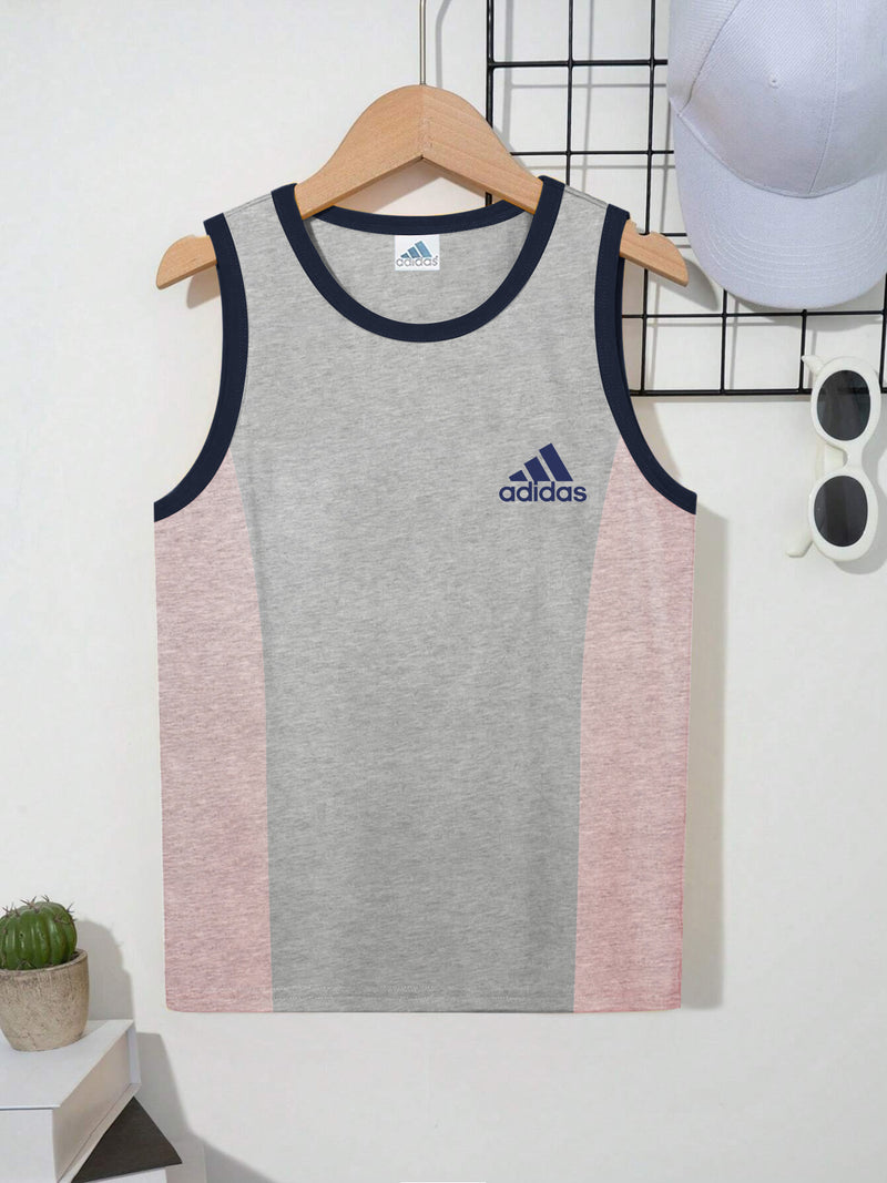 ADS Single Jersey Sleeveless T Shirt For Kids-Grey Melange & Pink Melange Panels-BR14930