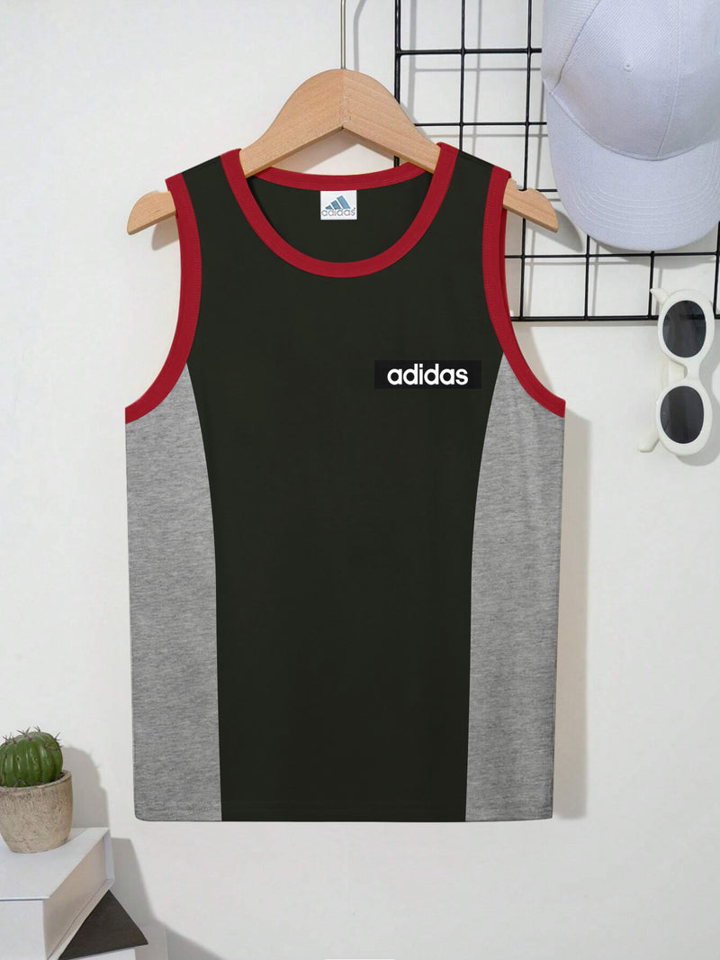 ADS Single Jersey Sleeveless T Shirt For Kids-Olive with Grey Melange Panels-BR14974