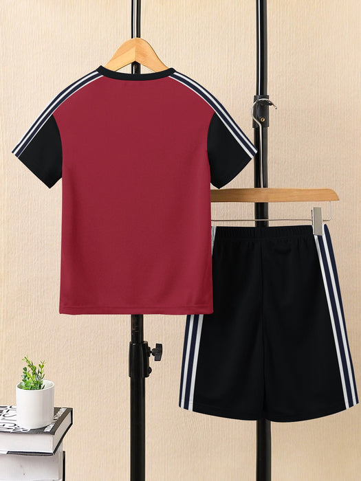 Ads Summer T Shirt & Short Suit For Kids-Black with Maroon & White, Navy Stripe-BE3279/BR15717