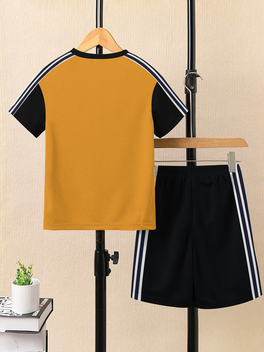 Ads Summer T Shirt & Short Suit For Kids-Black with Yellow & White, Navy Stripe-BE3280/BR15718