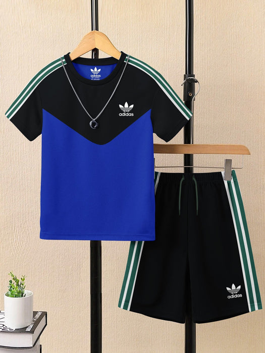 Ads Summer T Shirt & Short Suit For Kids-Blue with Black & White, Green Stripe-BE3295/BR15733