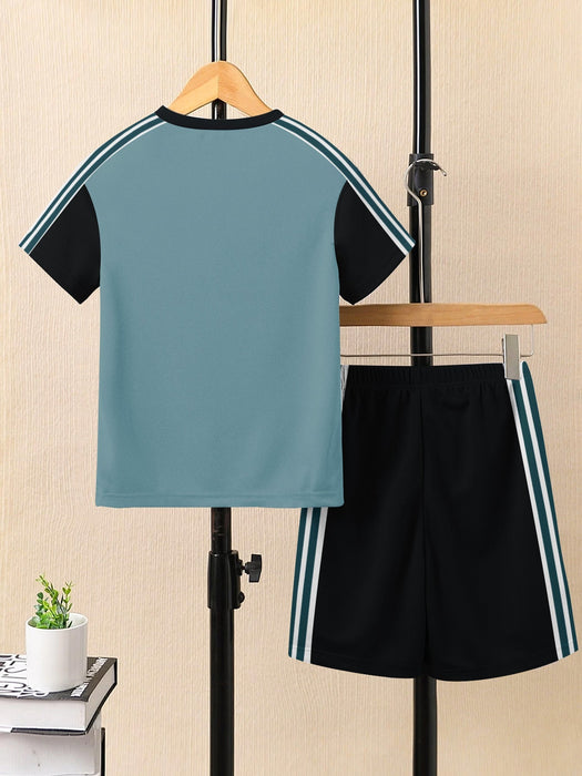 Ads Summer T Shirt & Short Suit For Kids-Bond Blue with Black & White, Green Stripe-BE3292/BR15730