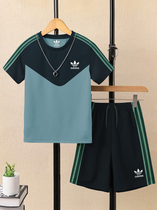 Ads Summer T Shirt & Short Suit For Kids-Bond Blue with Navy & Green Stripe-BE3296/BR15734