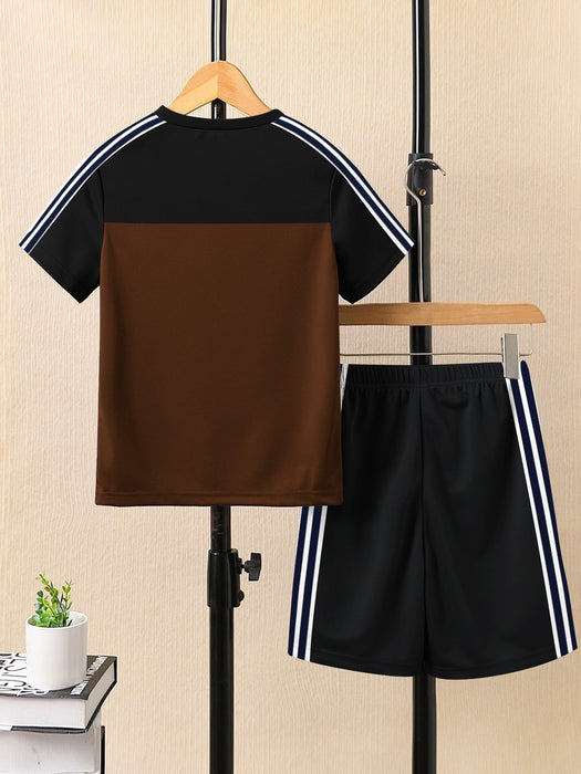 Ads Summer T Shirt & Short Suit For Kids-Brown with Black & White, Navy Stripe-BE3285/BR15723