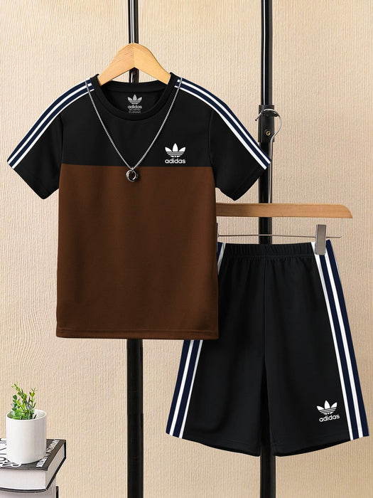 Ads Summer T Shirt & Short Suit For Kids-Brown with Black & White, Navy Stripe-BE3285/BR15723