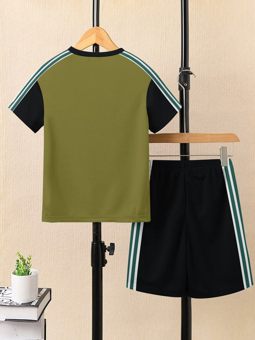 Ads Summer T Shirt & Short Suit For Kids-Light Olive with Black & White, Green Stripe-BE3294/BR15732