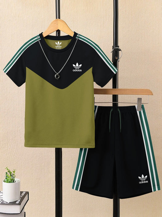 Ads Summer T Shirt & Short Suit For Kids-Light Olive with Black & White, Green Stripe-BE3294/BR15732