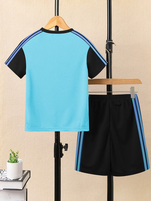 Ads Summer T Shirt & Short Suit For Kids-Sky Blue with Black & Blue, Sky Stripe-BE3302/BR15740