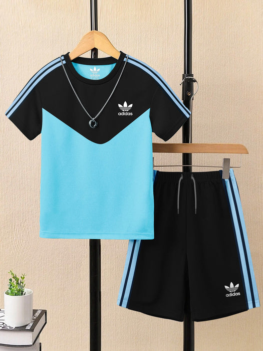 Ads Summer T Shirt & Short Suit For Kids-Sky Blue with Black & Blue, Sky Stripe-BE3302/BR15740