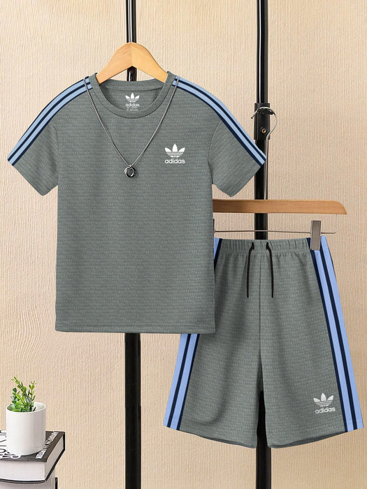 Ads Summer T Shirt & Short Suit For Kids-Slate Green with Texture & Blue, Sky Stripe-BE3304/BR15742