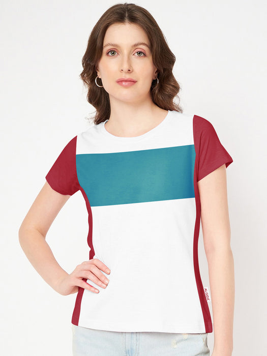 Algida Cap Sleeve Shirt For Women-White with Red & Ferozi Panel-BR13730