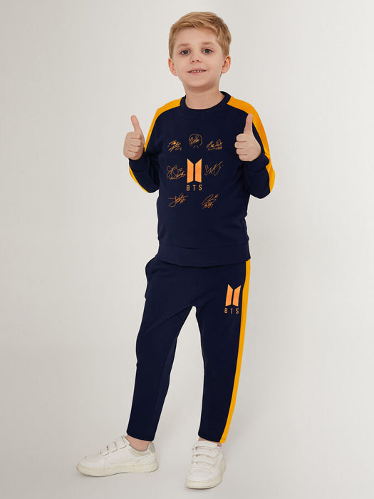 BTS Fleece Tracksuit For Kids-Dark Navy & Orange Panels-BR1000