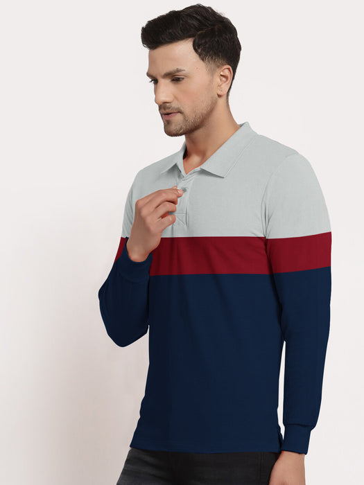 Next Long Sleeve Polo Shirt For Men-Navy with Red & Grey Panels-BR1122