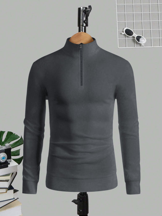 Louis Vicaci Fleece Stylish 1/4 Zipper Mock Neck For Men-Dark Grey-BR1027