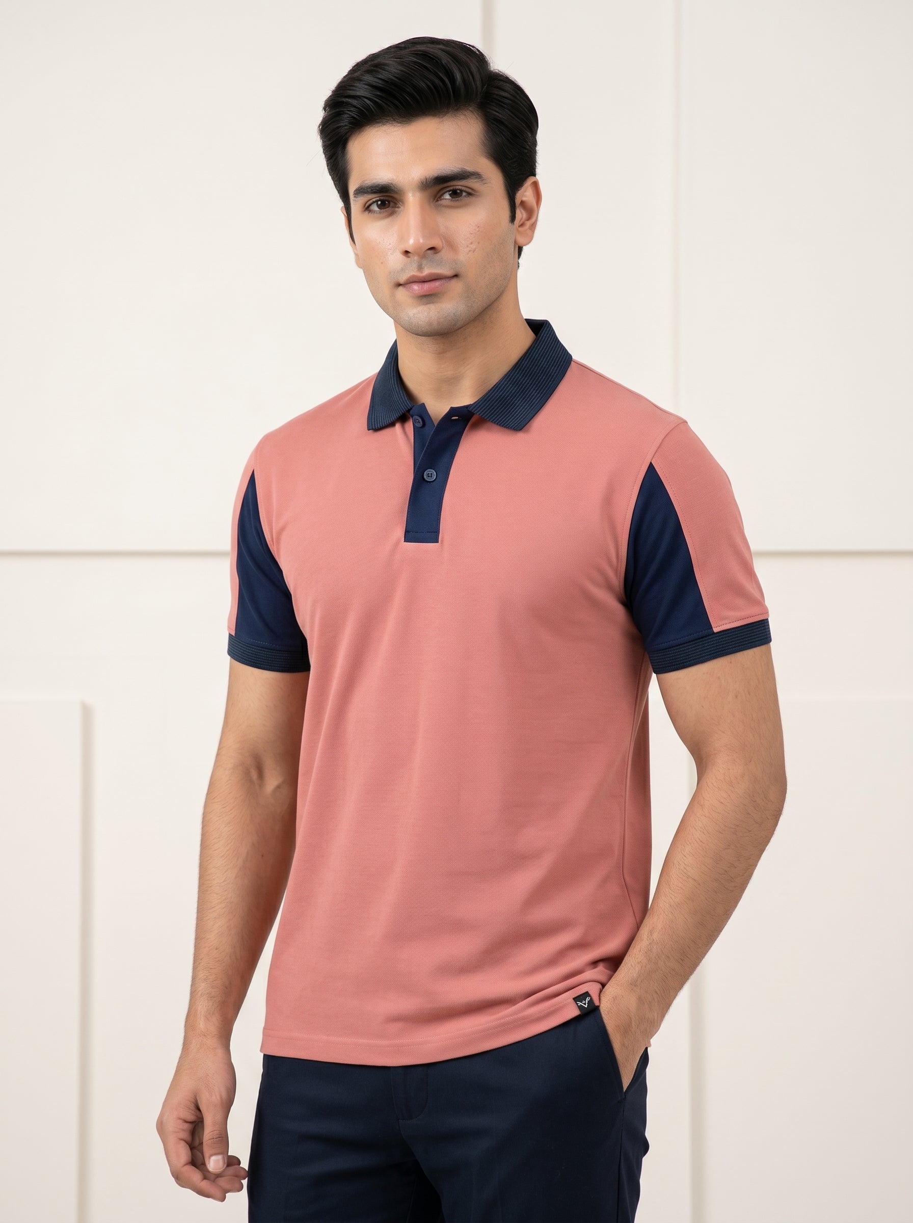 Summer Polo Shirt For Men-Light Peach & Blue-BR15825
