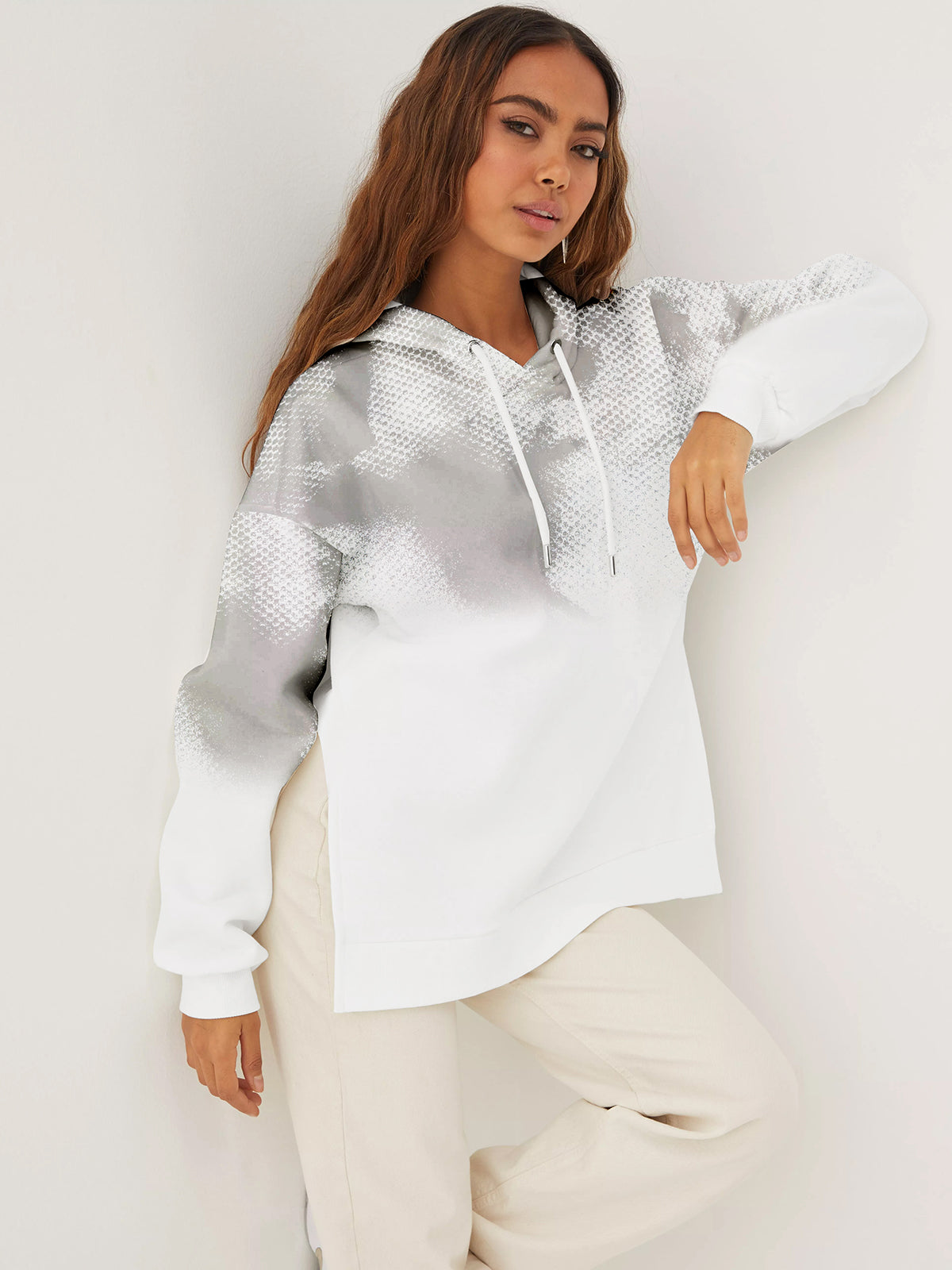 Next Fleece Long Tail Pullover Hoodie For Ladies-White with Print-BR866