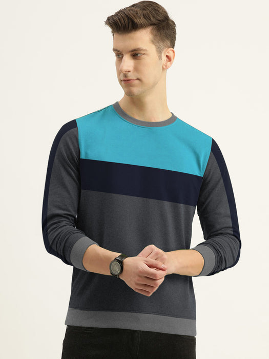 CHIRUCA Fleece Sweatshirt For Men-Charcoal Melange with Cyan & Navy Panel-BR14651