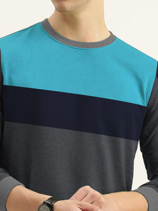 CHIRUCA Fleece Sweatshirt For Men-Charcoal Melange with Cyan & Navy Panel-BR14651