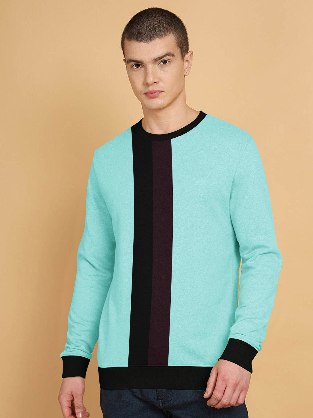 CHIRUCA Fleece Sweatshirt For Men-Light Sea Green with Indigo with Black Panel-BR14633