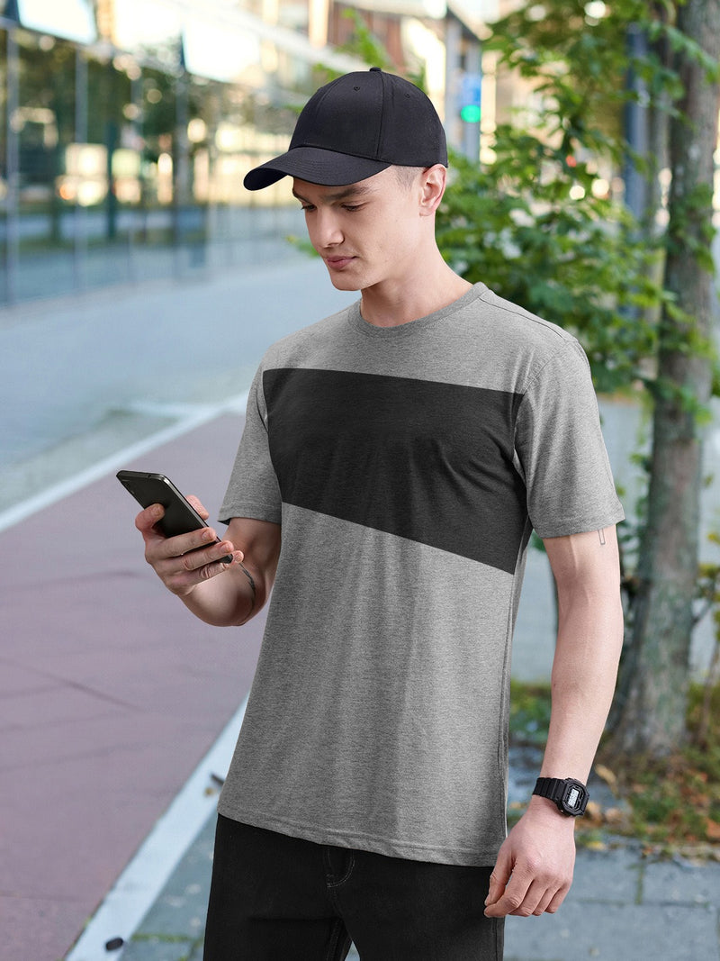 Celebrate Tee Shirt For Men-Grey Melange & Charcoal Melange Panel-BR13213
