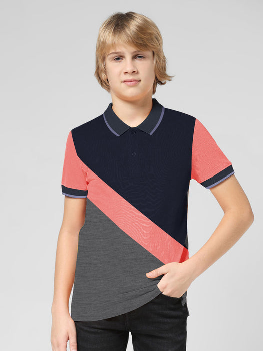 Champion Single Jersey Polo Shirt For Kids-Charcoal Melange with Peach & Navy Panels-BR13181
