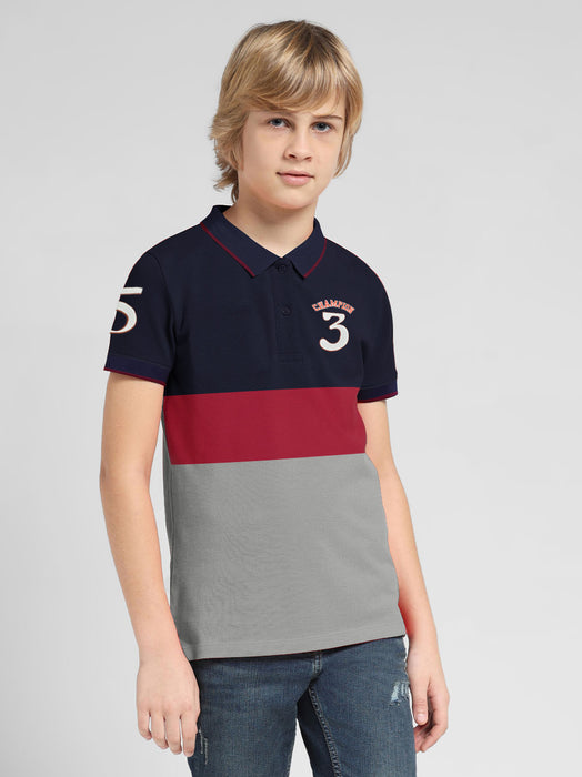 Champion Single Jersey Polo Shirt For Kids-Grey with Red & Navy Panels-BR13182
