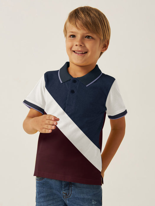 Champion Single Jersey Polo Shirt For Kids-Maroon with Off White & Navy Melange Panels-BR13180