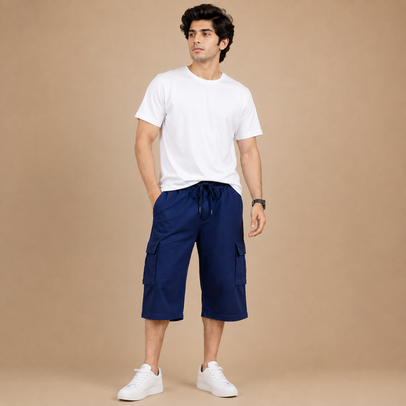 Men's Navy Blue Summer Three Quarter Cargo Shorts – Soft Cotton Casual Capri with Side Pockets hs2