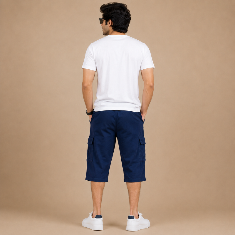 Men's Navy Blue Summer Three Quarter Cargo Shorts – Soft Cotton Casual Capri with Side Pockets hs2