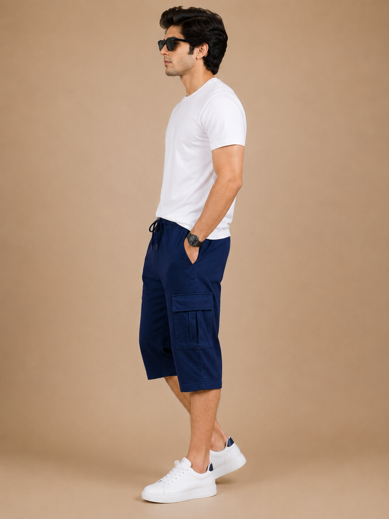 Men's Navy Blue Summer Three Quarter Cargo Shorts – Soft Cotton Casual Capri with Side Pockets hs2