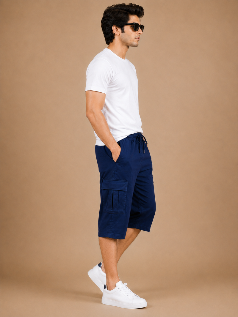 Men's Navy Blue Summer Three Quarter Cargo Shorts – Soft Cotton Casual Capri with Side Pockets hs2
