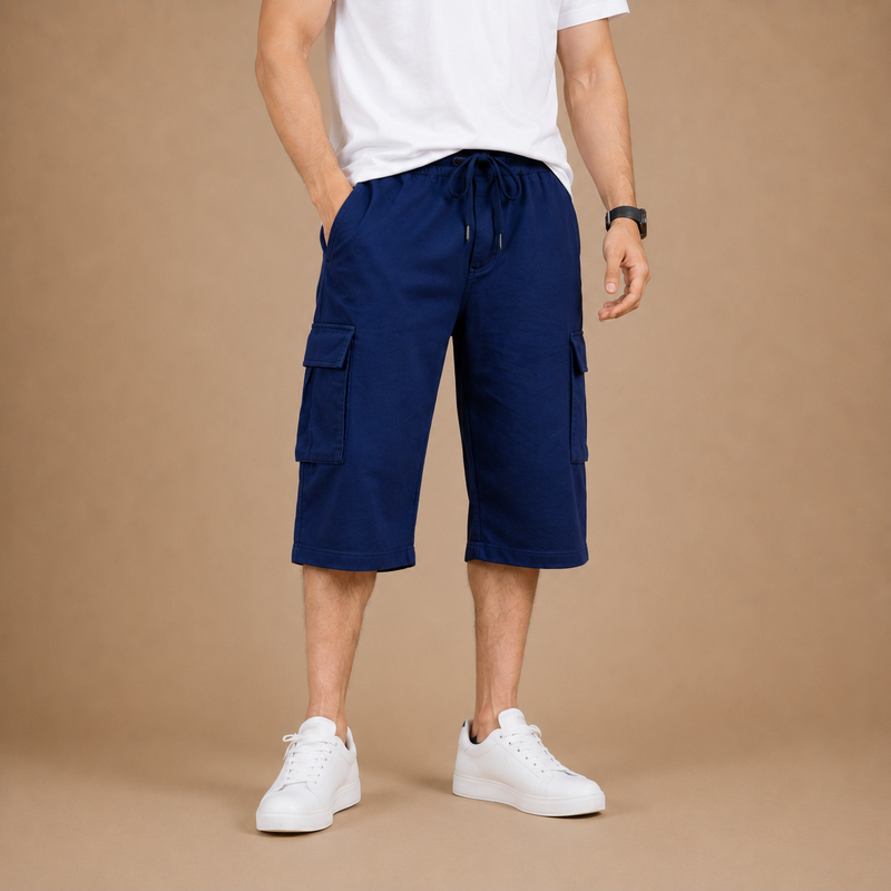 Men's Navy Blue Summer Three Quarter Cargo Shorts – Soft Cotton Casual Capri with Side Pockets hs2