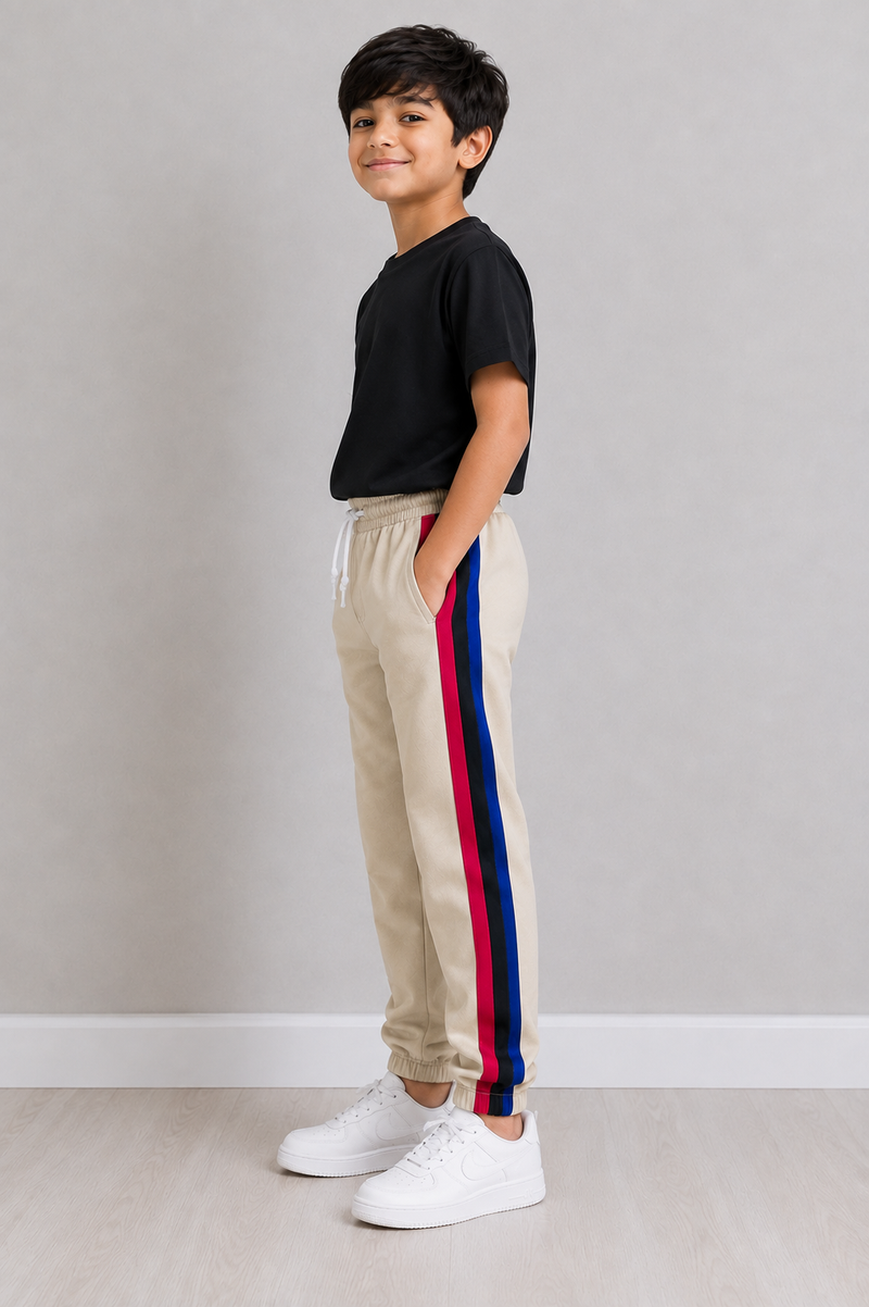 Kids Premium Track Pants – Beige with Red, Black & Royal Blue Stripes bn123