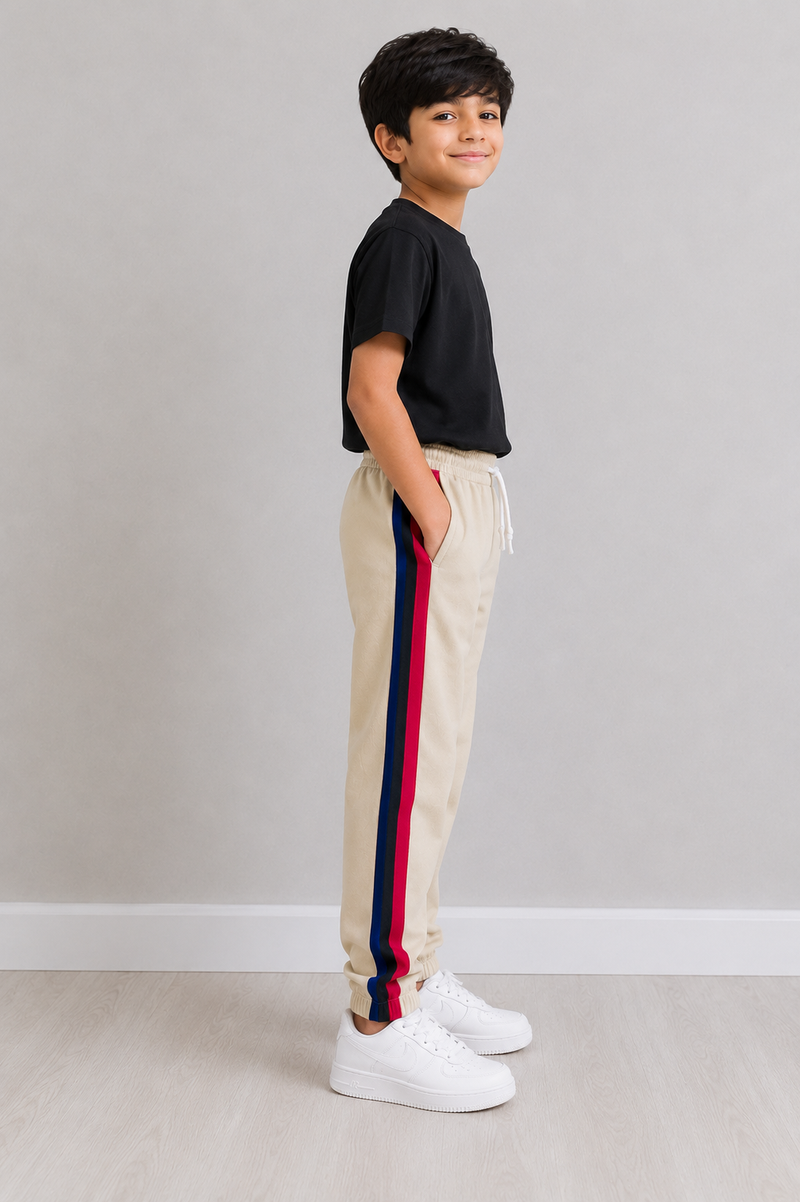 Kids Premium Track Pants – Beige with Red, Black & Royal Blue Stripes bn123