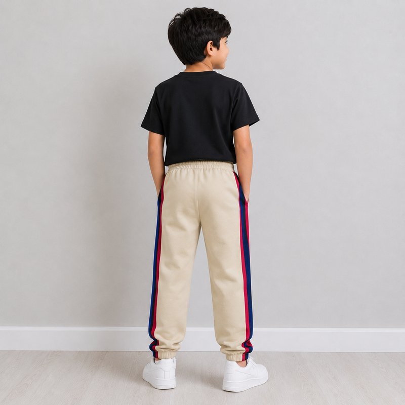 Kids Premium Track Pants – Beige with Red, Black & Royal Blue Stripes bn123