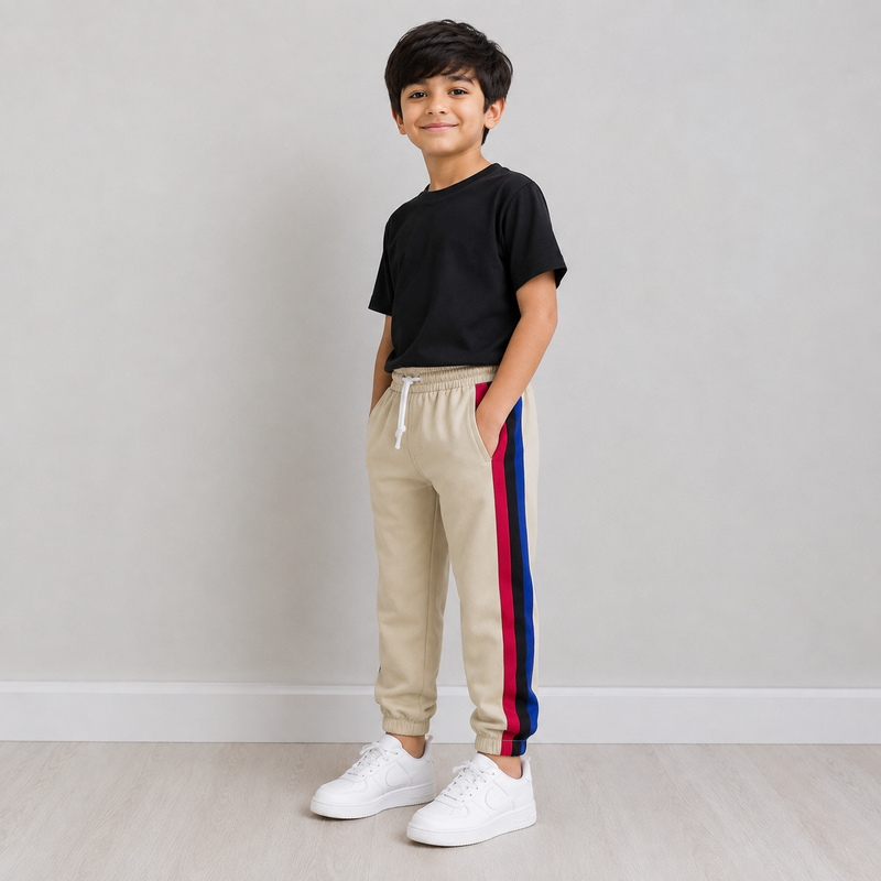 Kids Premium Track Pants – Beige with Red, Black & Royal Blue Stripes bn123