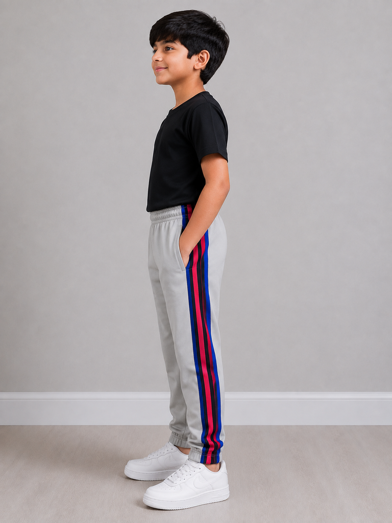 Kids Premium Track Pants – Steel Grey with Red, Black & Royal Blue Stripes bn543