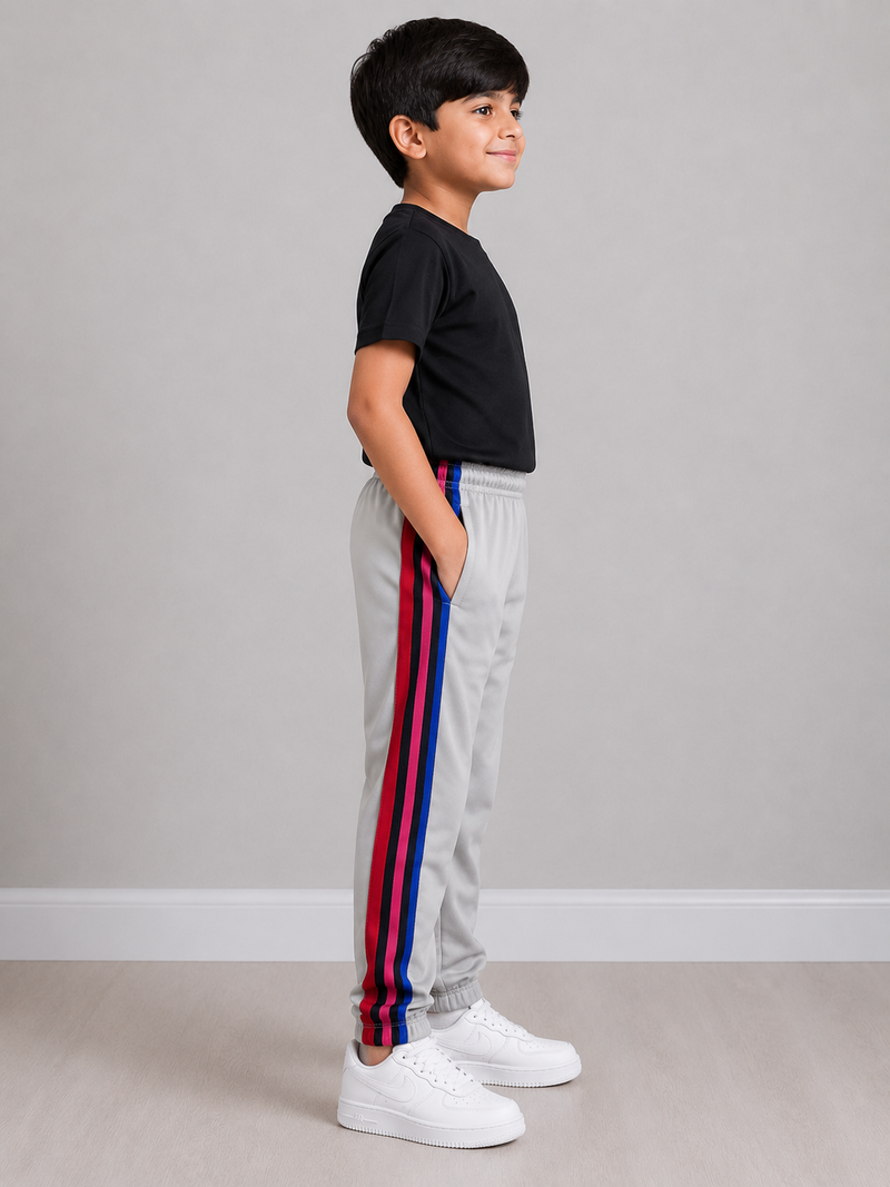 Kids Premium Track Pants – Steel Grey with Red, Black & Royal Blue Stripes bn543