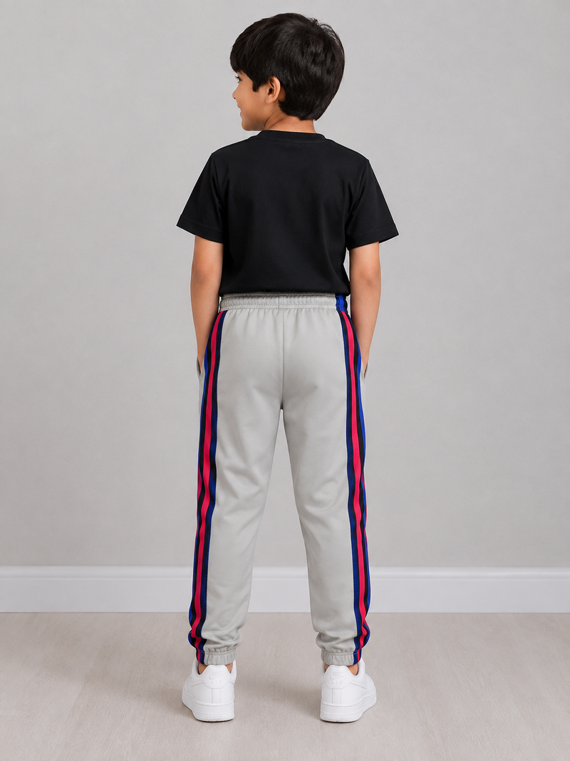 Kids Premium Track Pants – Steel Grey with Red, Black & Royal Blue Stripes bn543