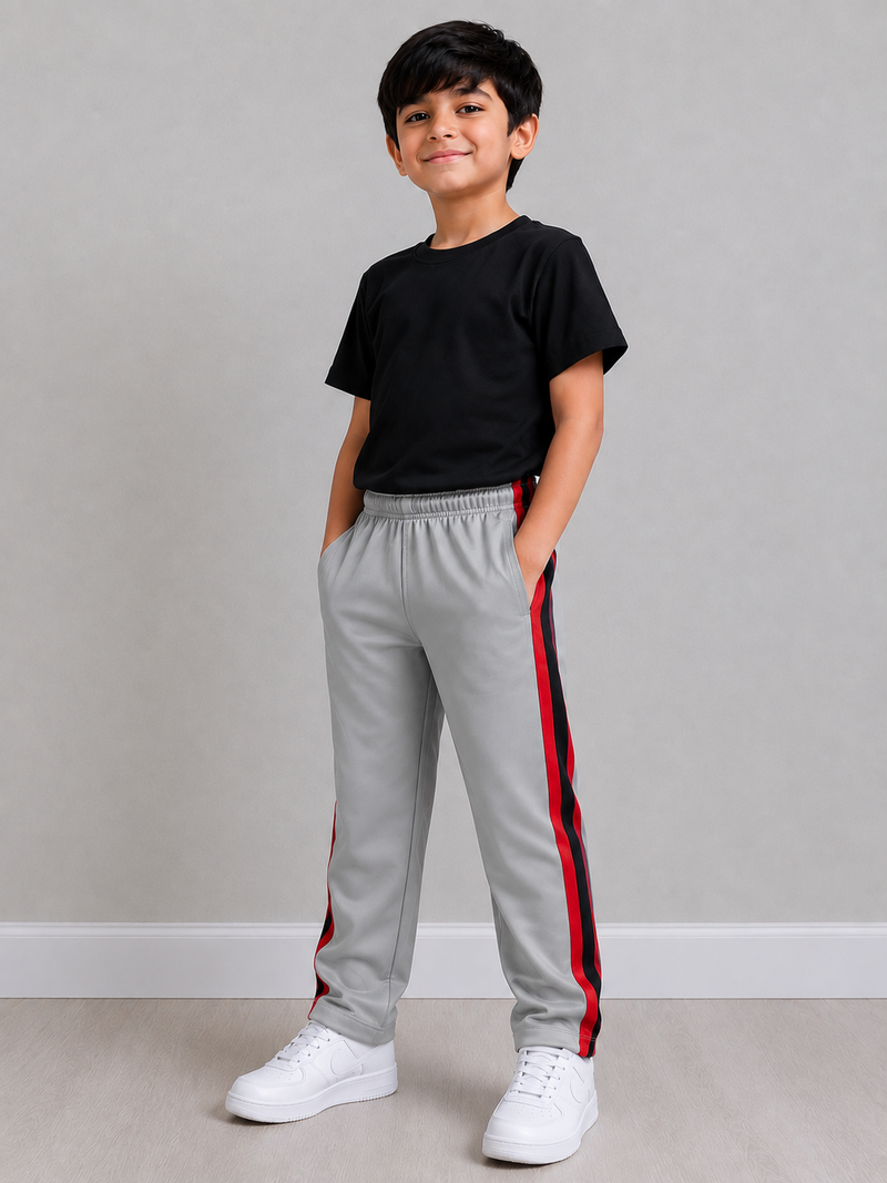 Kids Premium Track Pants – Steel Grey with Red, Black & Royal Blue Stripes bn543