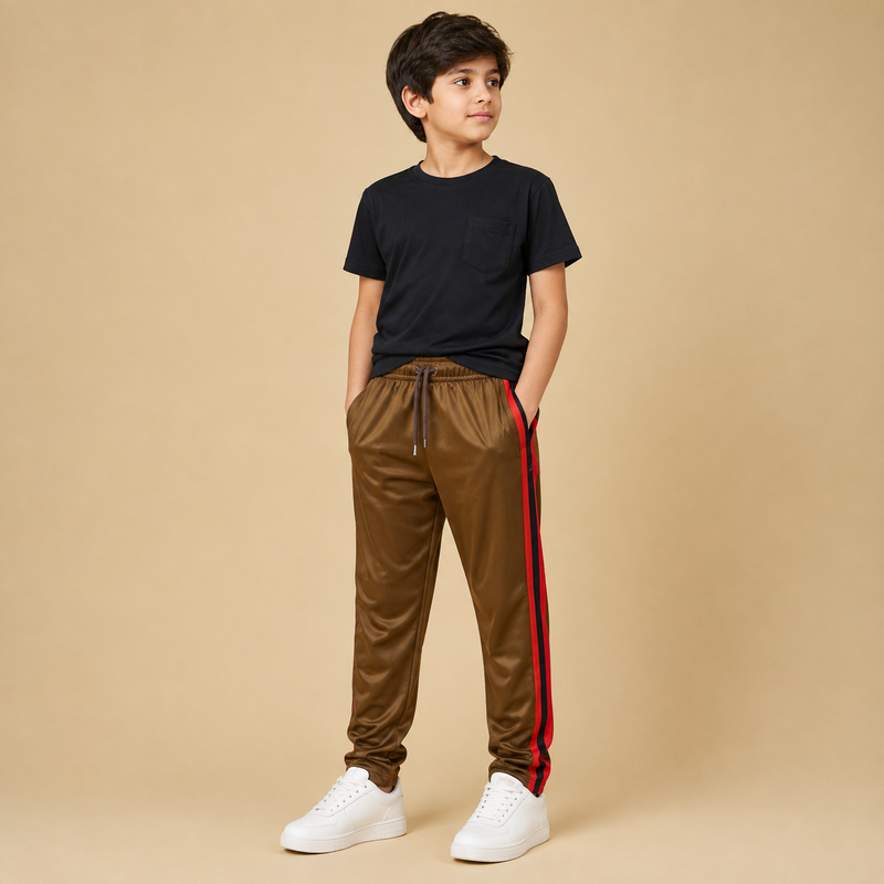 Title Kids Premium Brown Track Pants with Royal Blue Side Stripe p1