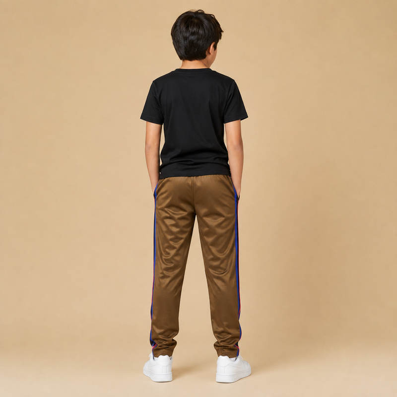 Title Kids Premium Brown Track Pants with Royal Blue Side Stripe p1