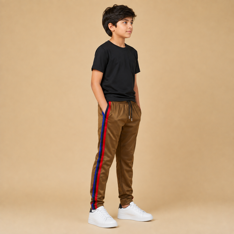 Title Kids Premium Brown Track Pants with Royal Blue Side Stripe p1